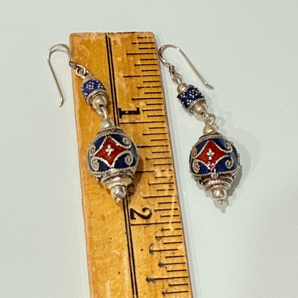 Vintage Sterling Cloisonne dangle Earrings - Picture 11 of 12